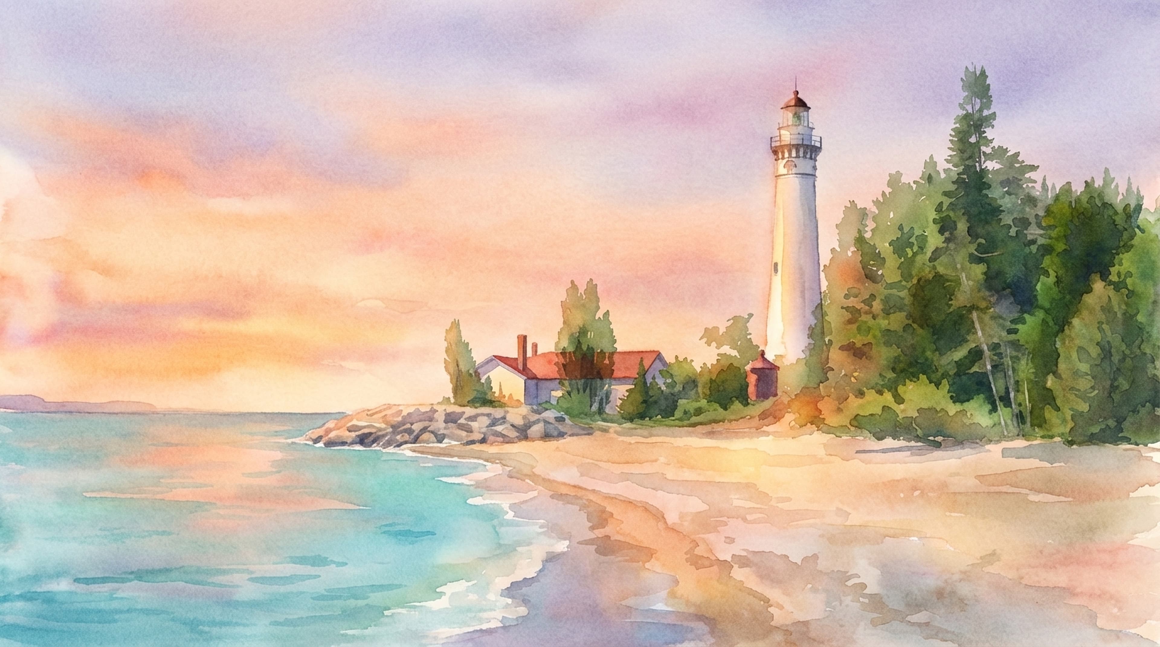 Watercolor painting of Sleeping Bear Dunes at sunset